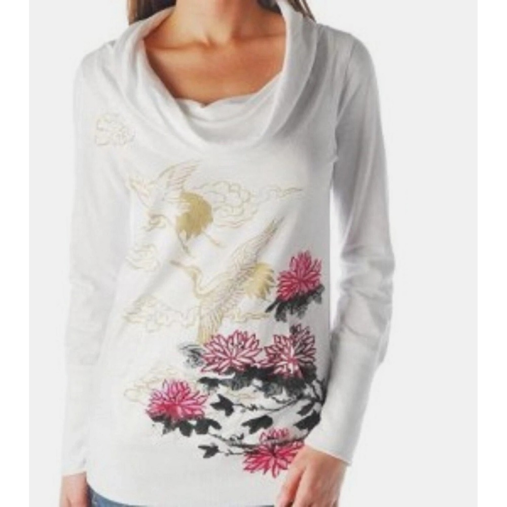 Lucky Brand Sumi Cranes Cowl Neck Sweatshirt Size S Asian Florals Lightweight